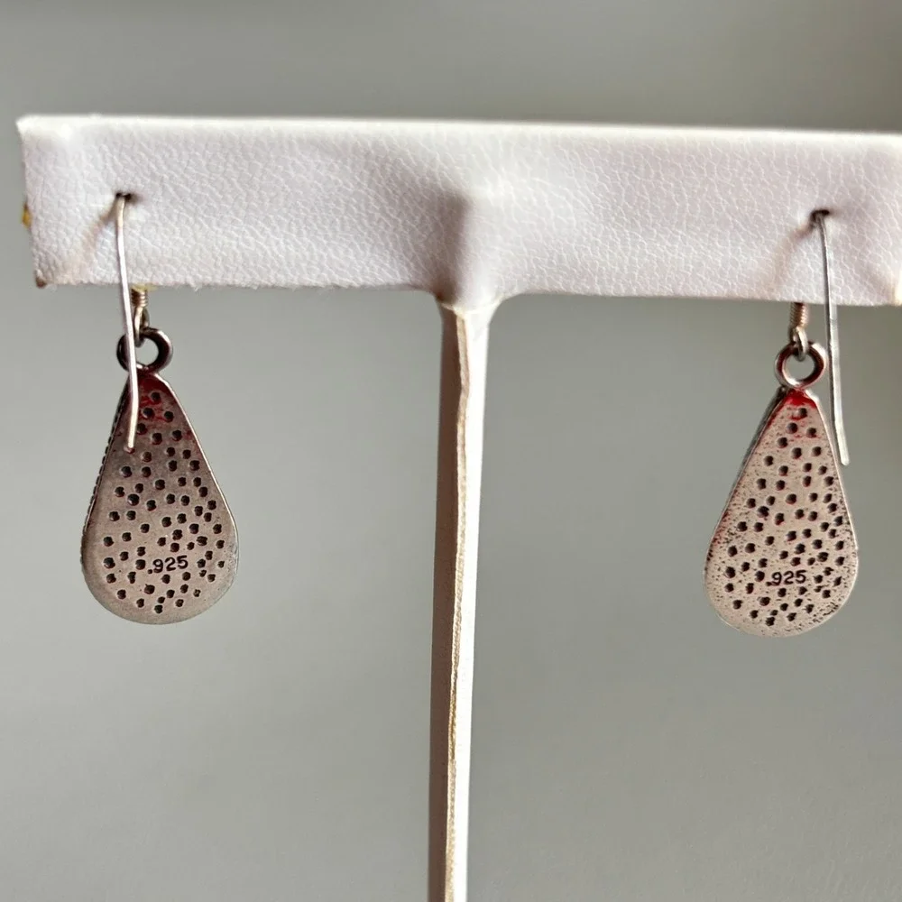 925 Sterling Silver Red Stone Teardrop Drop Earrings Southwest Twisted Rope 1.5